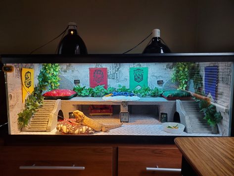 Bearded Dragon Habitat Bearded Dragon Terrarium Decor, 4x2x2 Bearded Dragon Enclosure, Aesthetic Bearded Dragon Cage, 120 Gallon Bearded Dragon Tank, Custom Bearded Dragon Enclosure, 40 Gallon Bearded Dragon Tank Ideas, Potter Mansion, Snake Tank Setup, Beardie Tank