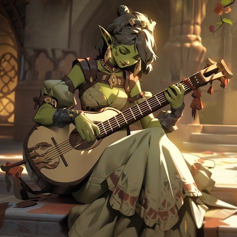 Goblin Bard Dnd, Goblin Female Dnd, D&d Goblin, Female Bard Character Design, Verdan Dnd, D&d Bard, Orc Character Art, D&d Npc, Female Goblin Art