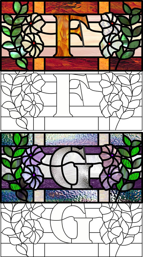 custom stained glass pattern, floral alphabet, letter F, letter G, leaves, flowers, font with seraphs Stained Glass Letters, Glass Stencil, Alphabet Patterns, White Page, Floral Alphabet, Glass Diy, Custom Stained Glass, English Letters, Stained Glass Diy