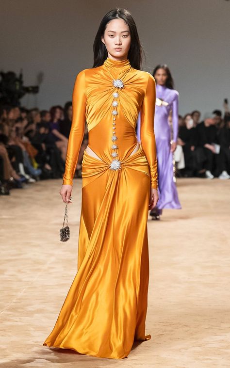 Cutout Gown, Cutout Maxi Dress, Golden Sun, Fashion Inspiration Design, Paco Rabanne, Winter 2023, Neck Collar, Long Sleeve Maxi Dress, Madagascar