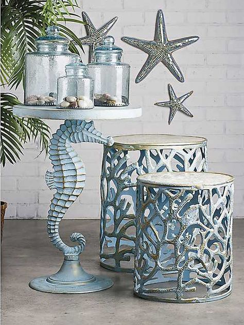 Coastal theme accent tables featured on Completely Coastal. Table designs include seahorse, coastal painted tray accent tables, side tables with rope accents and many more. Nautical Bed, Teal Table, Metal Console Table, Tables Set, Tropical Home Decor, Beach Cottage Decor, Beach House Interior, Beach Cottage Style, Seahorses