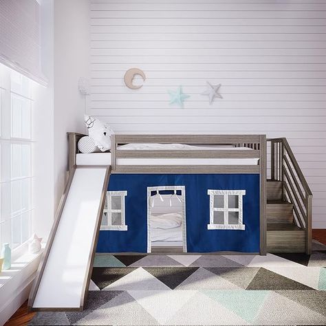 Designed to fit standard twin-size mattresses up to 8 inches thick. Slat roll included. No box spring or bunkie board required, Supportive lower mattress slats sit 2 inches off the floor providing air circulation when the bed is assembled without legs #bunkbeds #boysbunkbeds Loft With Stairs, Stairs Slide, Bed Frame For Kids, Kids Platform Bed, Low Bunk Bed, Bed With Stairs, Low Bunk Beds, Loft Bed Frame, Bunk Beds With Stairs