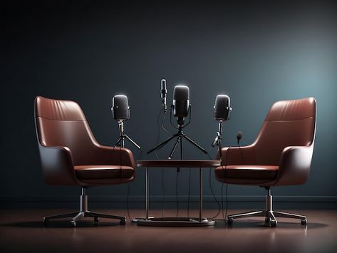 two chairs and microphones in podcast or interview room isolated on dark background Generative Ai Office Group Photo Ideas, Podcast Set Design Ideas, Interview Background, Podcast Table, Podcast Background, Podcast Space, Interview Room, Podcast Room, Interview Images