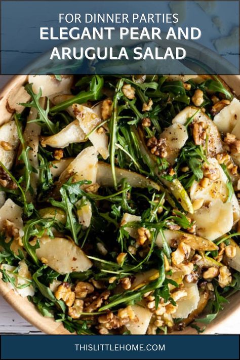 Impress your guests with this Pear and Arugula Salad featuring toasted walnuts and shaved Parmesan. Ready in just 10 minutes, it's an elegant side dish for any dinner party or BBQ. Pear Rocket Salad, Rocket And Pear Salad, Pear And Walnut Salad Recipes, Rocket Leaves Salad Recipe, Rocket Salad Recipe, Pear And Walnut Salad, Arugula Salad Dressing, Pear Walnut Salad, Nz Christmas