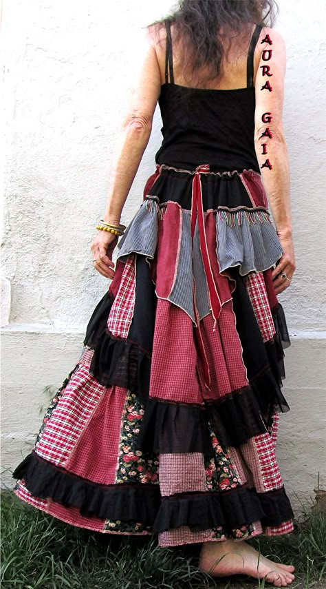 AuraGaia ~Monarda~ Poorgirls BoHo Bustleback Ruffled Long Upcycled Skirt XS-L Diy Boho Clothes, Upcycled Skirt, Patchwork Clothes, Bohemian Skirt, Altered Couture, Patchwork Skirt, Upcycle Recycle, Fashion Photography Inspiration, Upcycled Fashion