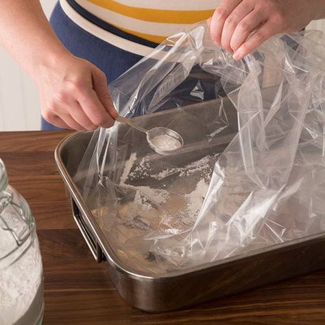 Preparing a roasting pan for a turkey in an oven bag. Roasting Bag Turkey, Bake Turkey In Oven Bag, Roasting Turkey In Oven Bag, Turkey Breast In Oven Bag Recipes, Roasting A Turkey In The Oven, Turkey Breast In Oven Bag, Turkey In A Bag Recipes Ovens, Turkey Bag Recipes, Turkey In An Oven Bag