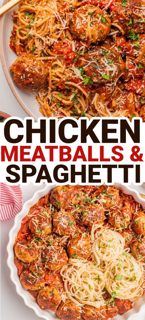 Juicy, crispy on the outside and soft on the inside, chicken meatballs meets spaghetti in a romantic dish! Our easy, make-ahead meatball recipe is so tasty and versatile- perfect for busy nights or for when you want to make an elegant dinner. Chicken Meatball Spaghetti, Chicken Meatballs For Spaghetti, Chicken Meatballs Spaghetti, Chicken Meatball Pasta Recipe, Chicken Meatballs And Spaghetti, Meals With Chicken Meatballs, Chicken Meatball Recipes Easy, Chicken Meatballs And Pasta, Chicken Meatball Pasta