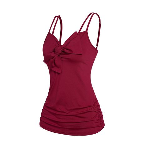 Designed Basic Solid Deep Red Ruched Tank Top For Women Bowknot Adjustable Straps Casual Camisole Vest For Female Strapless Blouse, Ruched Tank Top, Strap Blouse, Beautiful Red Dress, Beautiful Red Dresses, Tank Top For Women, Casual Tanks, Crop Blouse, Red Blouses