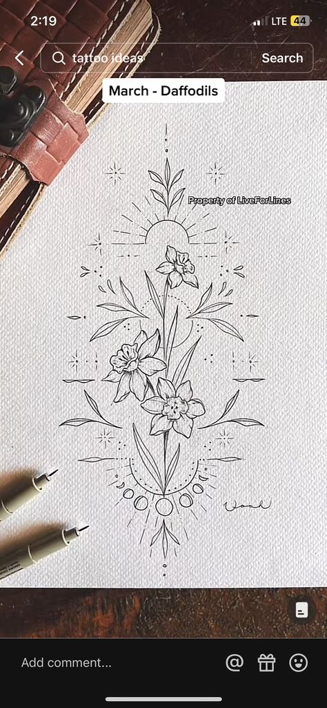 Valerie Tattoo, Small Tattoos Quotes, Tiktok Tattoo Ideas, Tattoo Birth Flower, Daffodil Flower Tattoos, Tattoo Ideas Placement, Tiktok Tattoo, Sternum Tattoos, Thigh Tattoo Ideas