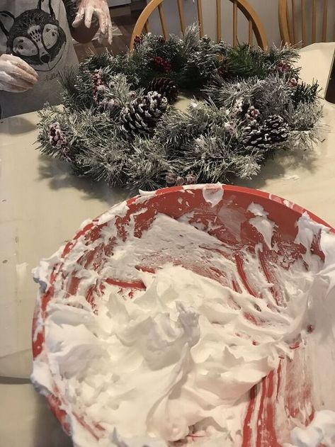 Shaving Cream And Glue, Entryway Tree, Flocked Christmas Wreath, Cheap Wreaths, Diy Shaving Cream, Flocked Wreath, Cheap Christmas Trees, Tomato Cage Christmas Tree, Plaid Christmas Tree Skirt