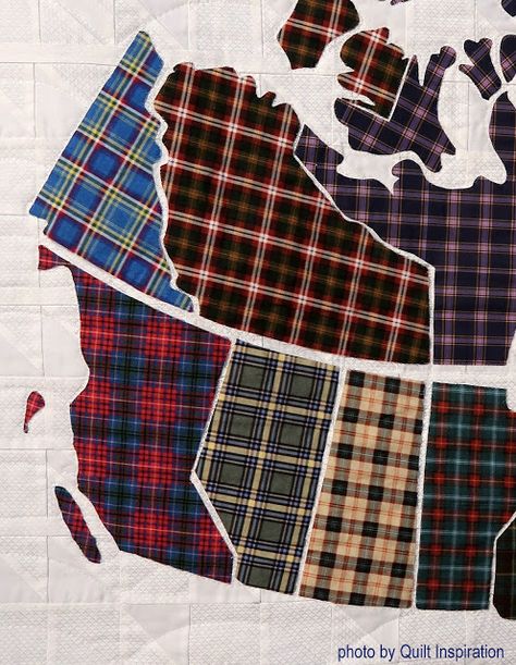 Canadian Tartan by Rebecca McAlpine (Oakville, Ontario, Canada). Closeup photo by Quilt Inspiration. Scottish Quilts, Nine Patch Quilts, Canada Quilt, Map Quilt Pattern, Maple Leaf Template, Map Quilts, Canadian Quilts, Leaf Templates, Tartan Quilt