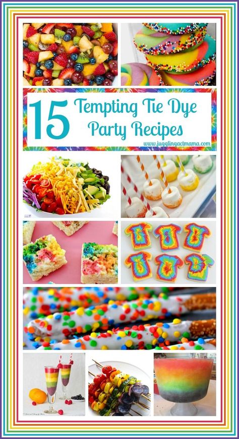 15 Tempting Tie Dye Recipes #rainbow #tiedye #partyfood #salad #dessert #fruit #jugglingactmama Tie Dye Onesies, Tie Dye Birthday Party, Hippie Birthday Party, Ty Dye, Tie Dye Birthday, Hippie Birthday, Tie Dye Party, Rainbow Theme Party, Hippie Party