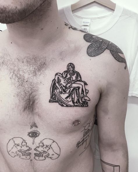 Mr Preston on Instagram: “#Michelangelo #pieta on Paul. Thanks for getting tattooed, nice to meet you, Enjoy the rest of your trip. Done at @heartlesshandsclub MCR.…” Michelangelo Pieta Tattoo, La Pieta Tattoo, Pieta Tattoo, Michelangelo Tattoo, Getting Tattooed, Tattoo Style Drawings, Respect Others, Tattoo Inspo, Wild Life