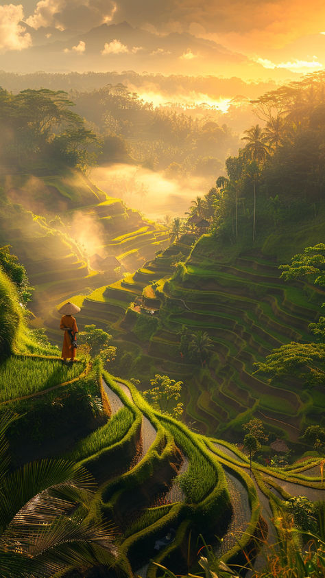 Stunning view of one of the most beautiful places in Indonesia at sunrise, featuring terraced rice fields and a person in traditional attire standing on a lush green hillside. Lake Toba, Most Beautiful Places To Visit, Pretty Views, Coral Garden, Gili Island, Beautiful Places On Earth, Travel Spots, Ancient Temples, National Monuments