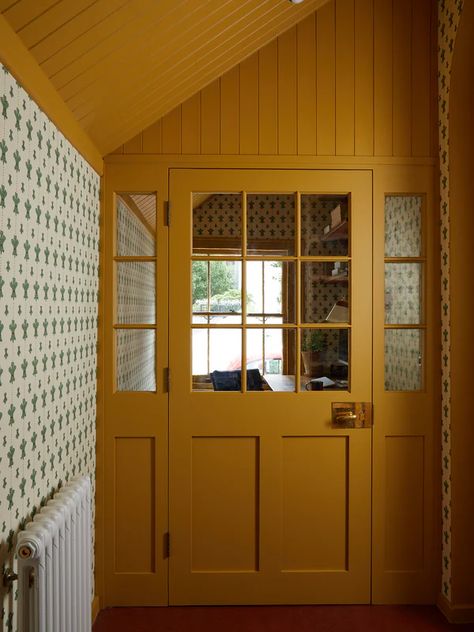 Yellow Wall Office Ideas, Yellow Wallpaper Interior Design, Mustard Wainscoting, Mustard Yellow Entryway, Mustard Yellow Hallway, Mustard Hallway, Mustard Paint Color Walls, Townley Terrace, Mustard Paint Color