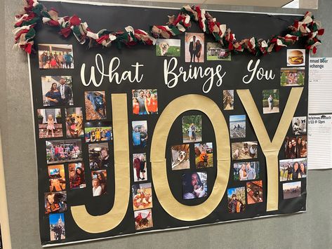 Picture Wall Ideas Office Work Spaces, Work Picture Board Ideas, Bulletin Board Polaroid, Family Bulletin Board, Joy Bulletin Board, Front Office Bulletin Board Ideas, What Brings You Joy Bulletin Board, Student Spotlight Bulletin Board, Picture Bulletin Board Ideas