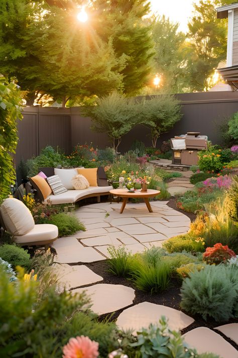 Small backyard landscaping ideas to maximize your outdoor space. Discover affordable designs, including garden paths, seating areas, and lush greenery to create a serene retreat. Transform your small yard with these creative landscaping tips. Small Garden Without Grass Ideas, Small Lawn Landscaping, West Coast Backyard, Square Yard Design, Small Front Yard Sitting Area Ideas, Backyard Ideas Flowers, Backyard Magical Garden, Small Backyard Stone Patio Ideas, Maximize Small Backyard