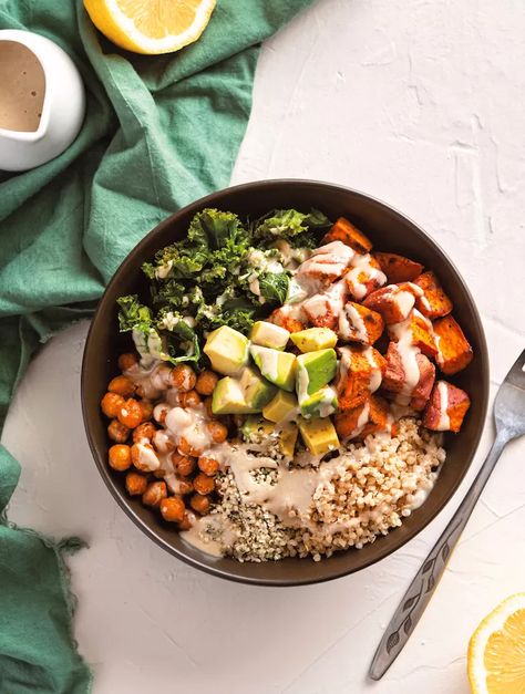 The Classic Vegan Buddha Bowl | The Vegan Atlas Vegan Buddha Bowls, Maple Dressing, Buddha Bowls Recipe, Vegan Buddha Bowl, Sweet Potato Kale, Roasted Sweet Potato, Buddha Bowls, Korean Beef, Vegan Sweet Potato