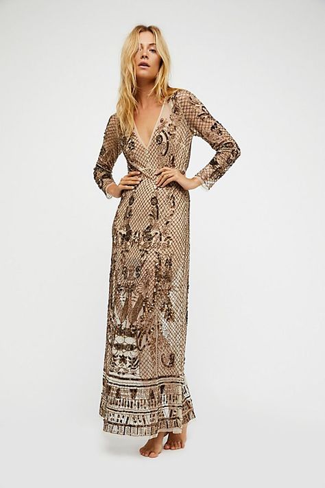 Slide View 1: Art Deco Embellished Maxi Slip Mesh Gown, Beaded Maxi Dress, Dresses Sundresses, Alternative Wedding Dresses, Long Sleeve Gown, Free People Clothing, Column Dress, Glitz And Glam, Free People Dress