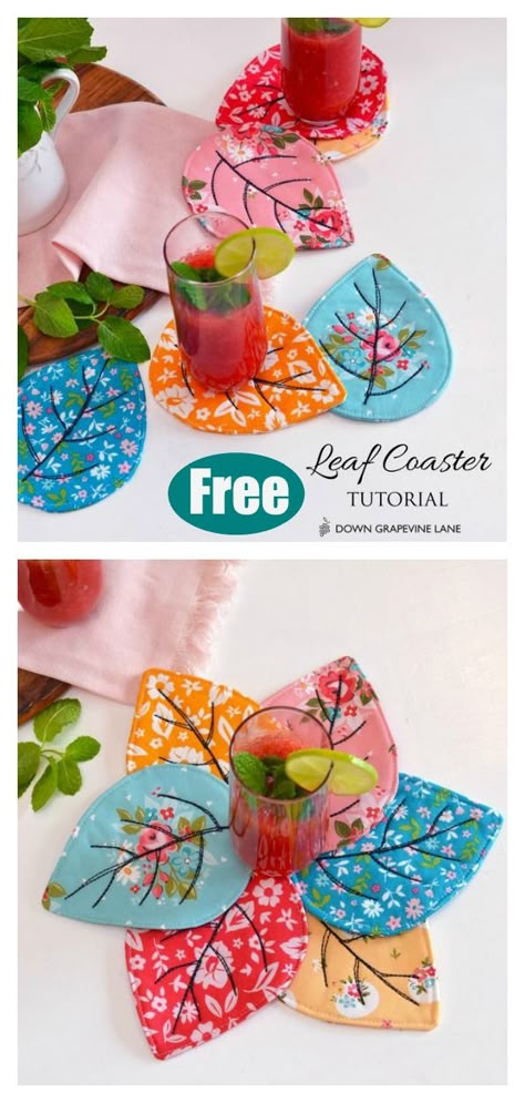 Quilted Leaf Coasters Free Sewing Pattern #startsewingfreepattern  #easysewingprojects  #coasterpattern Fall Coasters Sewing, Fabric Coasters Pattern, Leaf Sewing Pattern, Diy Mug Rugs Free Pattern, Quilt Coasters Patterns, Fall Fabric Crafts Diy Projects, Sewing Coasters Free Pattern, Fabric Coasters Diy Free Pattern, Quilted Coasters Patterns Free