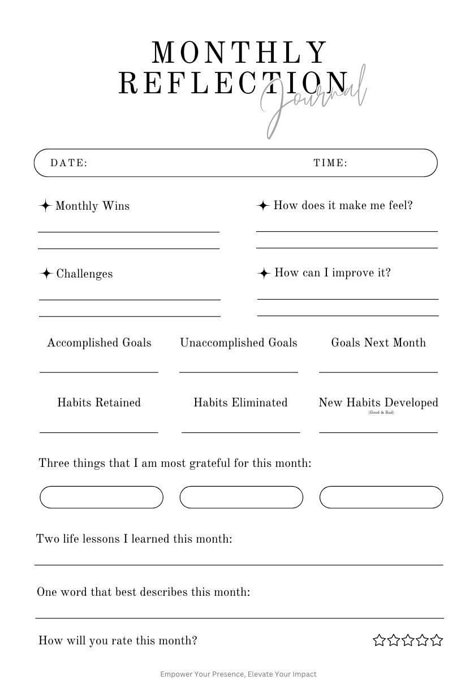 Introducing our Monthly Reflection Journal Printable Sheet--an invaluable tool designed to enrich your personal growth journey. This comprehensive sheet provides a structured space for introspection, fostering self-awareness and resilience. Monthly Reflection Categories: 1. Monthly Wins:    Acknowledge your triumphs, no matter how small. Celebrate achievements to build positive momentum. 2. How Does It Make You Feel:    Reflect on the emotional impact of your experiences, connecting with your in How To Reflect, Month Reflection Journal, Reflection Journaling, Monthly Recap, Monthly Reflection, Growth Journal, Monthly Journal, Goals Sheet, Reflection Journal