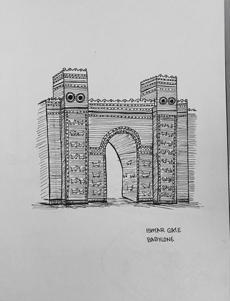 Mesopotamia Buildings, Mesopotamia Architecture Sketches, Ishtar Gate Sketch, Mesopotamia Art Drawing, Mesopotamia Drawing, Mesopotamia Architecture, Iraqi Flag, Snapchat Art, Temple Drawing