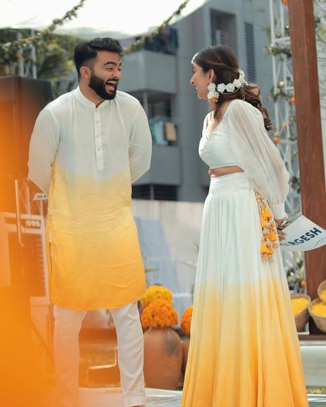 Haldi Photoshoot With Brother, Mehendi Outfits For Bride And Groom, Wedding Outfits For Couples Guest, Dresses For Haldi Ceremony For Bride, Haldi Dress For Bride And Groom, Pithi Outfit Brides Western, Haldi Ceremony Outfit For Bride And Groom, Haldi Outfit Bride, Haldi Outfits For Bride And Groom