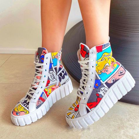 How stunning are these high sneakers ? #shoesaddict #colorful #outfitideas #girlstyle #trending #cartoon #mangaart #colorful #sneakers #sneakersaddict #shoes Customise Shoes, Funky Sneakers, Customised Shoes, Decorative Shoes, Artsy Shoes, Hip Hop Sneakers, Shoe Painting, Pop Shoes, Painted Canvas Shoes