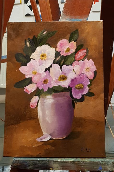 oil on canvas painting rose flowers in a vase Flower Pot Painting On Canvas, Flower Pot Canvas Painting, Flower Pot Acrylic Painting, Vase Painting Ideas Canvas, Vase With Flowers Painting, Rose Flowers Drawing, Decoration Craft Ideas, Flower Vase Painting, Pot Drawing