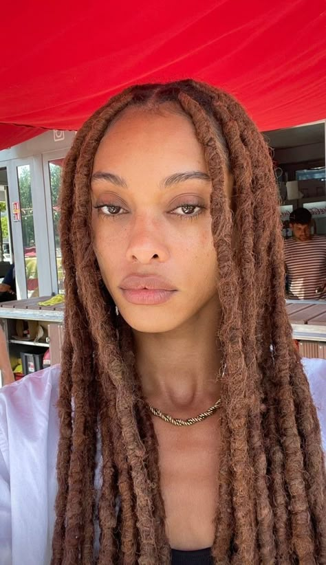 Locs On 3b Hair, Sandy Brown Locs Black Women, Sandy Brown Locs, Light Brown Faux Locs, Light Brown Braids Black Women, Brown Hair Colors Dreads, Brown Faux Locs, Light Brown Locs Black Women, Brown Dreadlocks Black Women