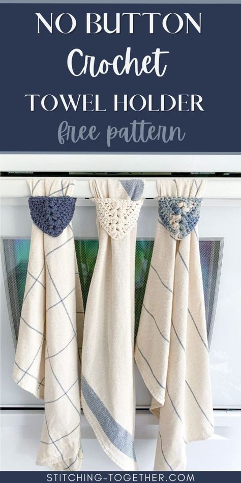 Revamp your kitchen essentials effortlessly with our no-button crochet towel holder pattern! Designed for convenience and style, this pattern provides a simple  yet elegant solution for keeping your towels secure without the need for  buttons. Get the pattern now and crochet your way to a more organized and  beautiful space! Modern Haken, Crochet Dish Towels, Crochet Towel Holders, Crochet Towel Topper, Towel Toppers, Crochet Kitchen Towels, Kitchen Crochet, Crochet Towel, Crocheting Projects