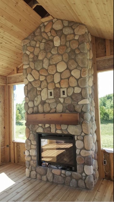 River Rock Fireplace, River Rock Fireplaces, Rock Fireplace, Basement Fireplace, Lake House Interior, Mexico House, Oak Trim, Rock Fireplaces, House Property