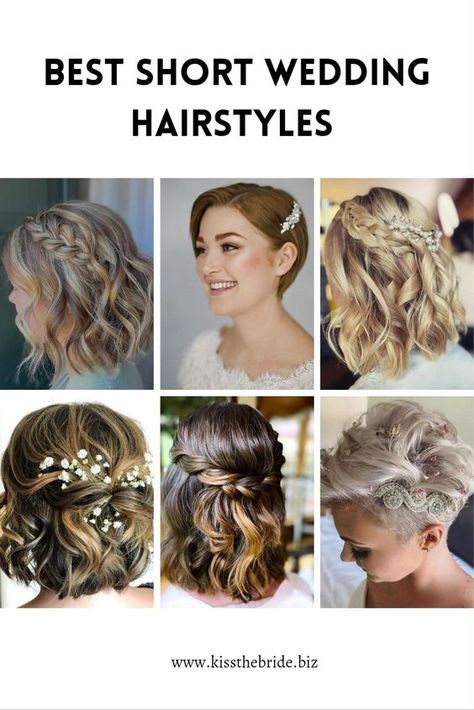 Short Hair Style For Wedding Simple, Medium Bob Wedding Hairstyles, Short Hair Upstyles Wedding, Short Haïr Style For Wedding, Short Bridesmaids Hairstyles, Short Hair For Bridesmaid, Bridesmaid Hairstyles Half Up Half Down Braid Short Hair, Short Bob Wedding Hairstyles Bridesmaid, Bridesmaid Hair Styles For Short Hair