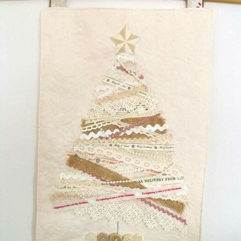 Neutral ribbon and lace christmas tree wall hanging. Christmas Tree Collage, Christmas Tree And Presents, Lace Christmas Tree, Mixed Media Christmas, Christmas Tree Wall Hanging, Ribbon Christmas Tree, Christmas Entry, Tree Collage, Tree Wall Hanging