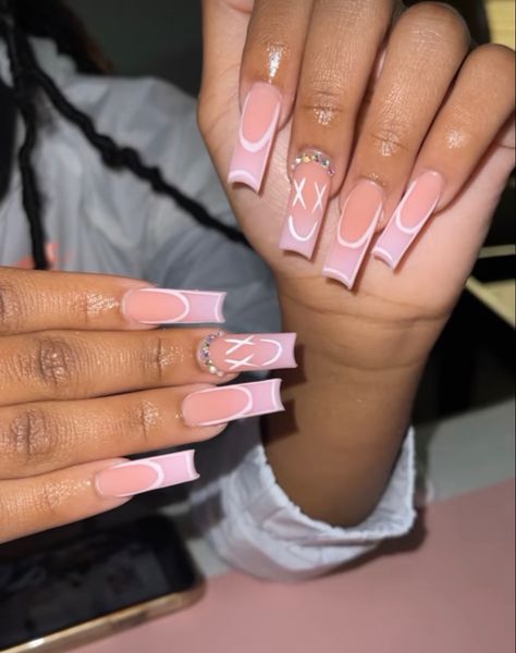 Summer Nail Inspo Coffin Long, White And Pink Acrylics, Baddie Nail Inspo Medium Length, Emoji Nails, Hello Nails, Diy Acrylic Nails, Fancy Nails Designs, French Tip Acrylic Nails, Girly Acrylic Nails