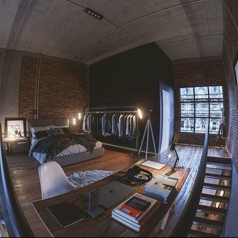 Loft Bedroom Aesthetic, Industrial Studio Apartment, Industrial Style Apartment, Loft Apartment Bedroom, Industrial Bedroom Ideas, Industrial Loft Apartment, Industrial Apartment Decor, Industrial Bedroom Design, Aesthetic Architecture