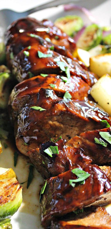 20 Minute Honey Balsamic Pork Tenderloin. Quick and easy, delicious glazed pork in 20 minutes. Simple marinade of tangy balsamic vinegar, honey + berry jam and sriracha that also creates this sweet heat glaze. #porktenderloin #glazedpork #pork #30minutemeal #easyrecipe #agoudalife Honey Berry, Balsamic Pork Tenderloins, Bacon Wrapped Pork, Balsamic Pork, Glazed Pork, Grilled Pork Tenderloin, Honey Balsamic, Pork Glaze, Berry Jam