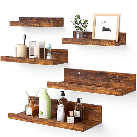 Upsimples Home Floating Shelves for Wall Decor Storage, Wall Shelves Set of 5, Wall Mounted Wood Shelves for Bedroom, Living Room, Bathroom, Kitchen, Small Picture Ledge Shelves, Brown Storage Wall Shelves, Wall Mounted Wood Shelves, Shelves Brown, Ledge Shelves, Picture Ledge Shelf, Shelves For Wall, Floating Shelves Kitchen, Wall Decor Storage, Wooden Floating Shelves