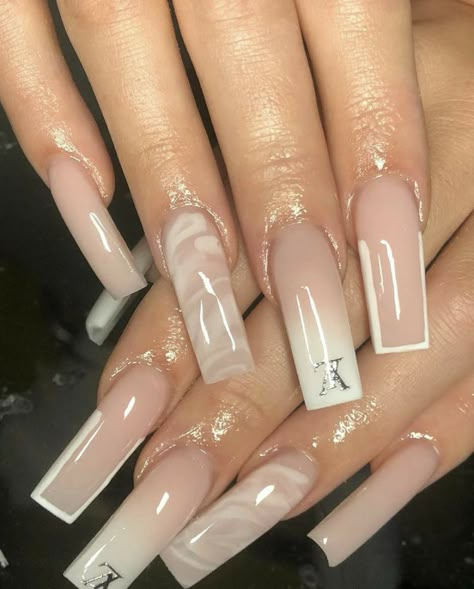 Acrylic Nails With His Initial, Milky White Marble Nails Acrylic, Straight Acrylic Nails, White And Nude Acrylic Nails, Medium Length Acrylic Nails Designs, Simple White Acrylic Nails, Beige Nails Acrylic, Brown Nude Nails Design, Beige Acrylics