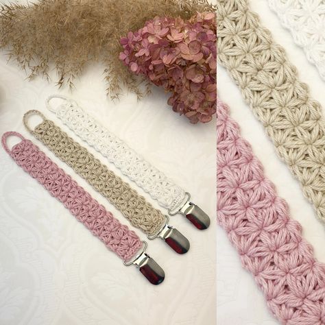 Crochet Pattern Jasmine Pacifier Holder English US Terms & - Etsy Denmark Pacifier Crochet, Crochet Pacifier, Crochet Pacifier Clip, Baby Dress Pattern, Crochet Needle, Crochet Baby Dress Pattern, Baby Pacifier Clip, Crocheting Ideas, Crochet Bows