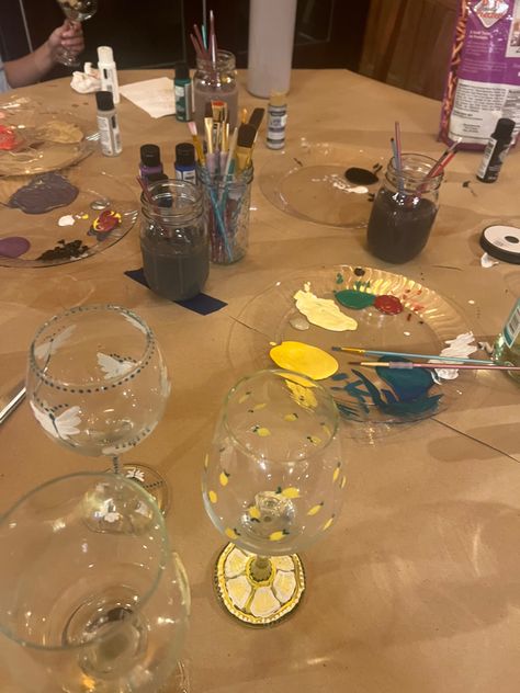 Wine Glass Painting Party, Friend Date Ideas, Craft Night Party, Lemon Wine, Wine Glass Painting, Girls Group, Dream Aesthetic, Painted Glasses, Birthday Brunch