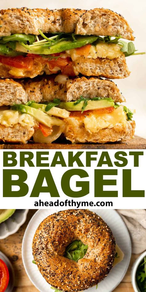 With layers of scrambled eggs, melty cheese, fresh tomato, creamy avocado, and peppery arugula, this Breakfast Bagel is a perfect, veggie-packed way to start your day. Although it starts as a cheddar cheese bagel breakfast sandwich, the veggies and mayo take it over the top. This will become your absolute favorite breakfast sandwich, and you'll be thinking about these flavors all day long! The ultimate breakfast sandwich! | aheadofthyme.com #breakfastbagel #breakfastsandwich # via @aheadofthyme Avocado Bagel Breakfast, Pomegranate Desserts, Lush Desserts, Bagel Sandwiches, Bagel Breakfast, Tomato Breakfast, Bagel Breakfast Sandwich, Bagel Toppings, Mediterranean Breakfast