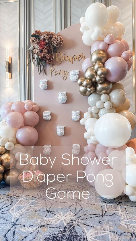 Nappy Pong, Diaper Ping Pong Game, Diaper Pong Board, Baby Girl Shower Ideas Theme, Diaper Shower Ideas, Fall Baby Shower Ideas Girl, Diaper Pong Baby Shower Game, Diaper Baby Shower Game, Diy Baby Shower Backdrop