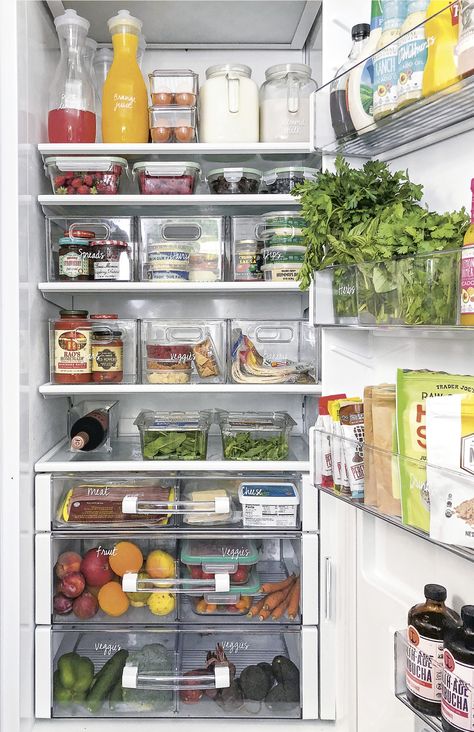 Side By Side Fridge Organization, Organize Refrigerator, Fridge Organization Dollar Store, Joanna Teplin, Small Fridge Organization, Fridge Organisation, Fridge Ideas, Organization Bins, Pantry Renovation