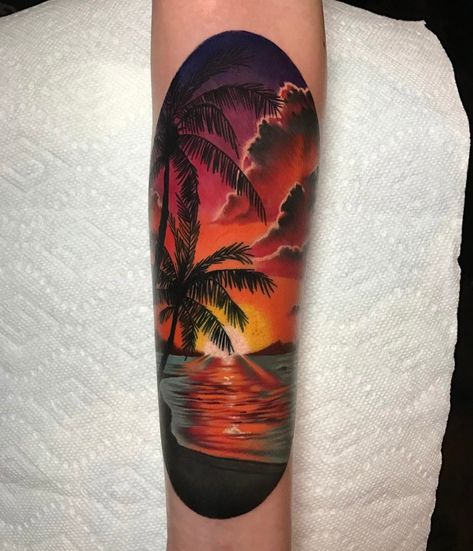 Tattoos Sunset, Sunset Tattoo, Tropical Tattoo, Scene Tattoo, Sunset Tattoos, Palm Tattoos, Cloud Tattoo, Ocean Tattoos