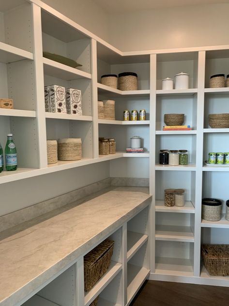 Build Your Own Buffet Ideas, Build Your Own Pantry Shelves, Serving Counter In Kitchen, Narrow Pantry Design Ideas, Corner Pantry With Microwave, Awkward Pantry Space, Rectangle Pantry Ideas, Pantry With Window Walk In, Walk In Pantry Ideas Layout With Fridge