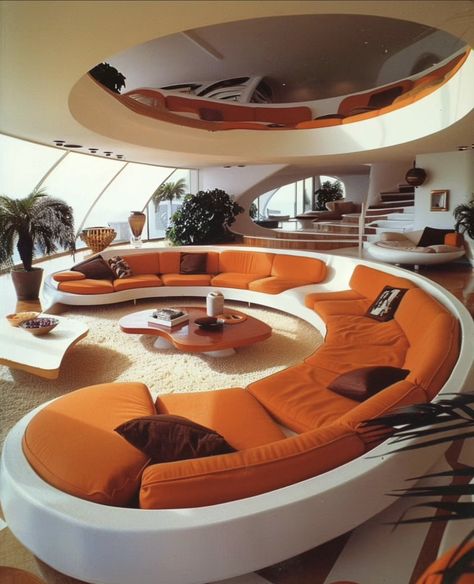 50s Futurism Interior Design, 70s Space Age Interior, Googie Interior Design, Retro Futurism Living Room, Retro Futurism Furniture, Retro Futurism Decor, Retrofuture Interior, Retro Futurism Interior Design, Retro Futurism Interior