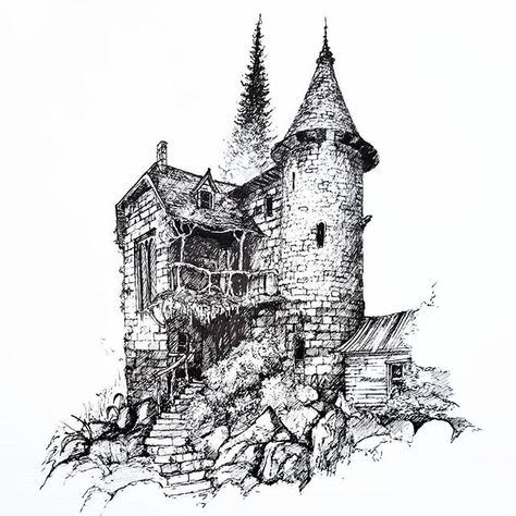 Is it REALLY a wizard's house if there's no rickety tower in which to contemplate the stars and turn squirrels into brooms?  @brejanz and @oddhomes  who are experts on the kinds of people who live in these sorts of abodes are sure to know! ....drawn from an photo on @pinterest of a similar house. Couldn't find credit for it!  #drawing #illustration  #ofhiddenplaces Watchtower Drawing, Black And White Illustrations, House Sketch, Watch Tower, House Drawing, Black And White Illustration, Brooms, Ink Illustrations, Architecture Sketch