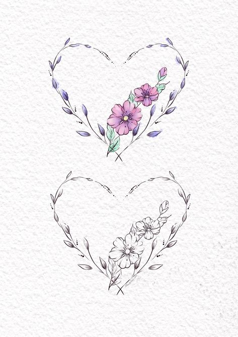 Heart And Flower Tattoo Designs, Flower Heart Tattoo Designs, 2 Hearts Tattoo, Floral Heart Tattoo Design, Flower Heart Tattoo, Heart Flower Tattoo, Tattoo Minimal, Heart Tattoo Designs, Tattoo Sketch