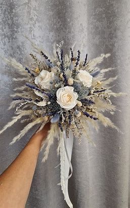 wedding cream and purples lavender and lilac - Search Images Pampas And Blue Wedding, Neptune Blue Wedding, Neutral And Blue Wedding, Midnight Blue Wedding Theme Receptions, Blue Gold Bouquet, Blue Wedding Accents, Wild Flower Bouquet Wedding, Blue And Brown Wedding, Boho Chic Wedding Flowers